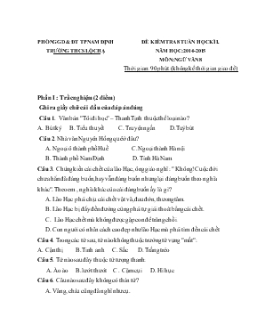 Đề kiểm tra 8 tuần học kì I. Năm học 2014-2015 môn Ngữ văn 8 - Trường THCS Lộc Hạ